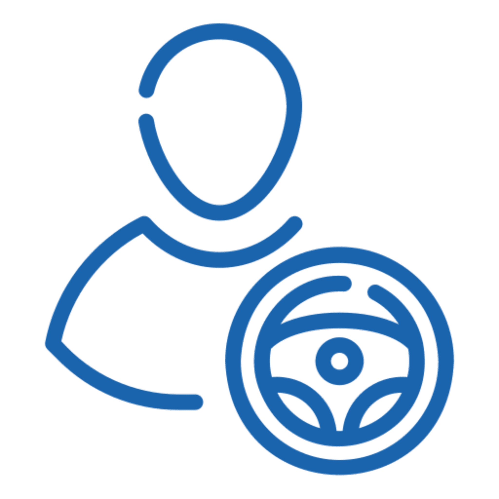 Person icon with steering wheel illustration.