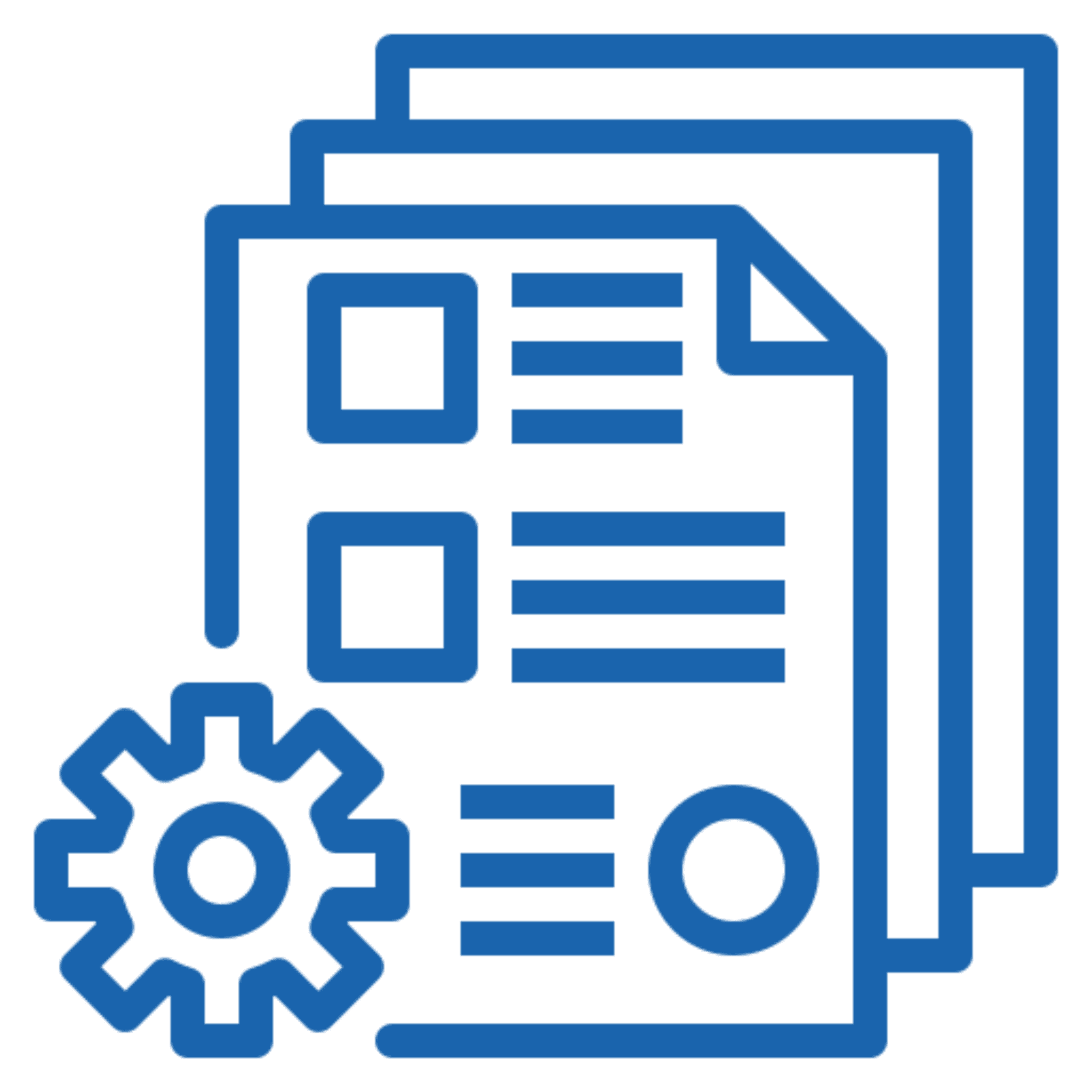 Documents and gear icon in blue outline.